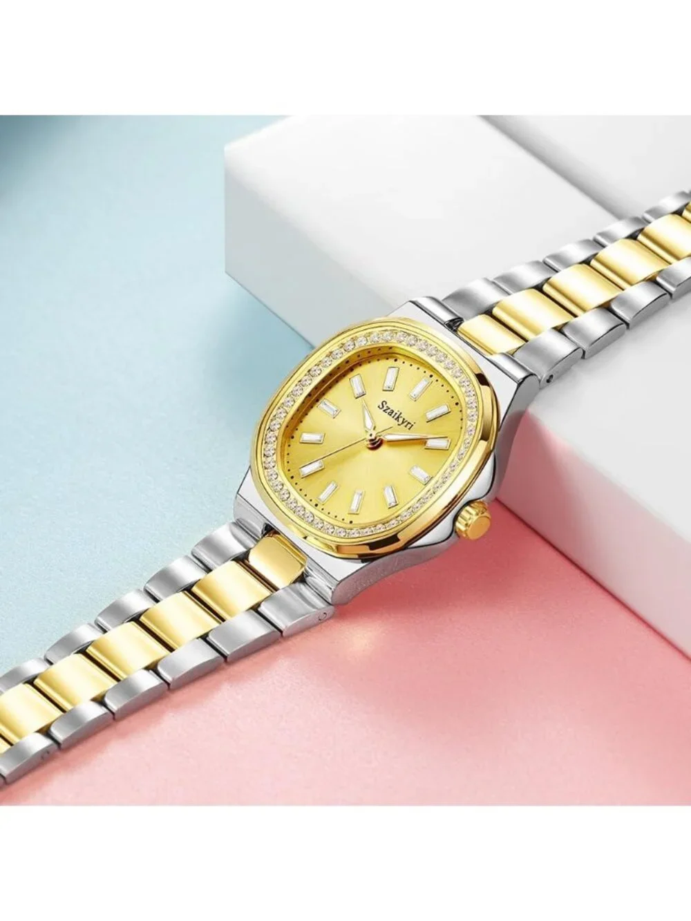 Women's Silver Gold Crystal Accented Solid Stainless Steel Band Wrist Watch